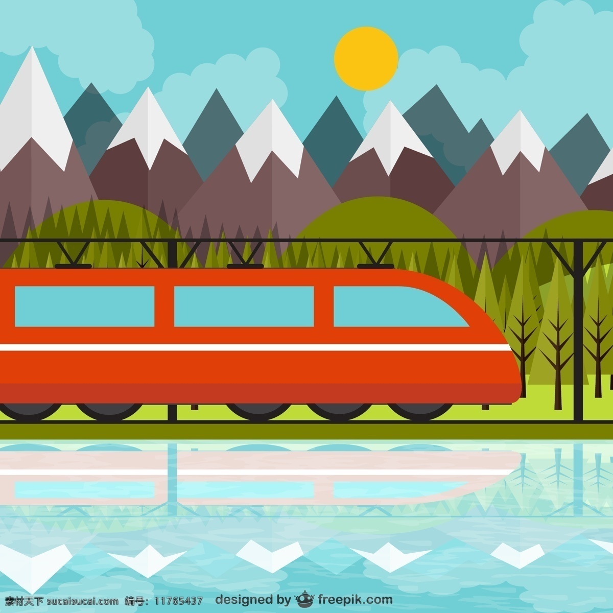 精美 列车 沿途 风景 矢量 云 太阳火车 树 河流 雪山 有轨 电车 青色 天蓝色