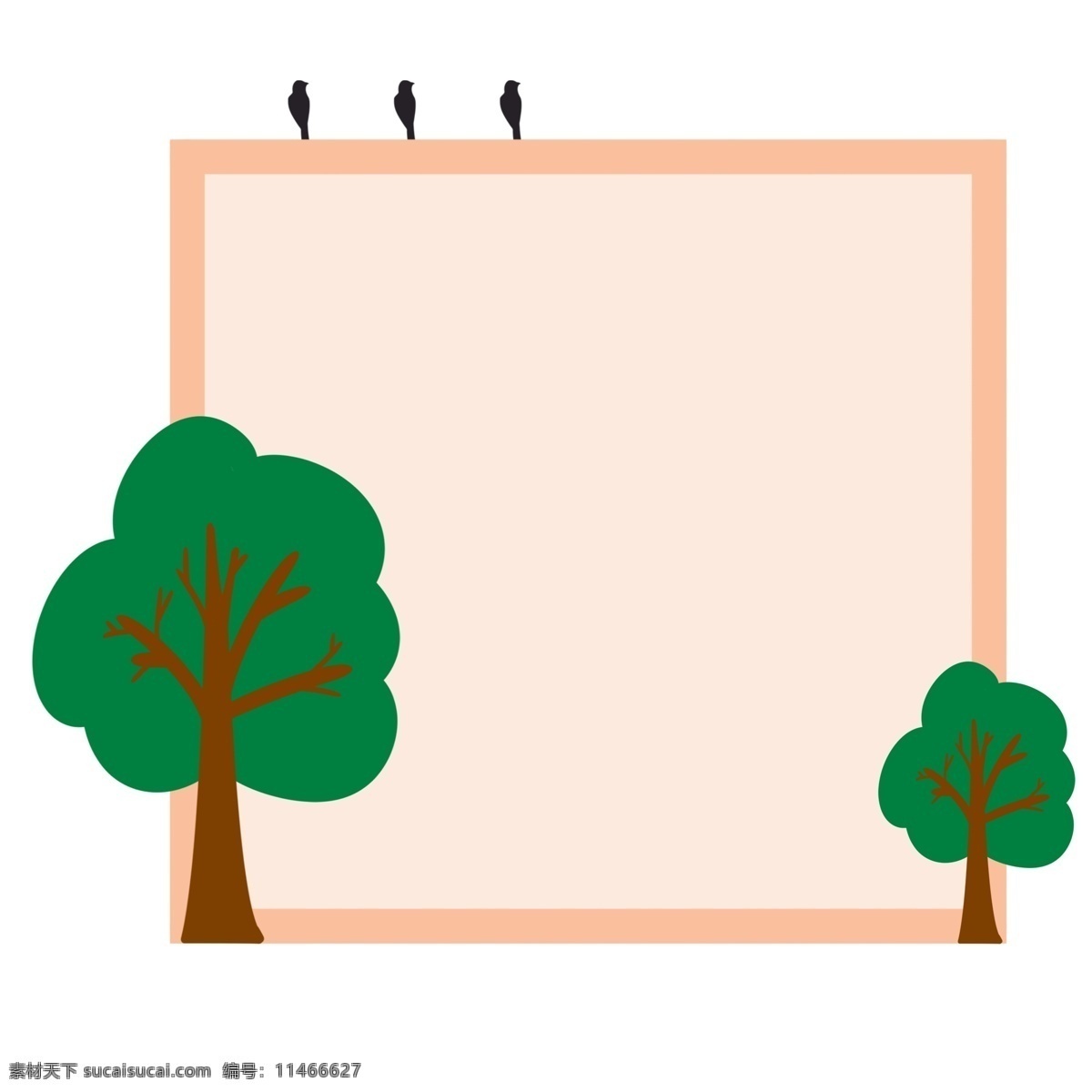 卡通 树木 边框 插画 正方形边框 黄色装饰 植物树木边框 卡通装饰边框 黑色小鸟装饰 树木边框