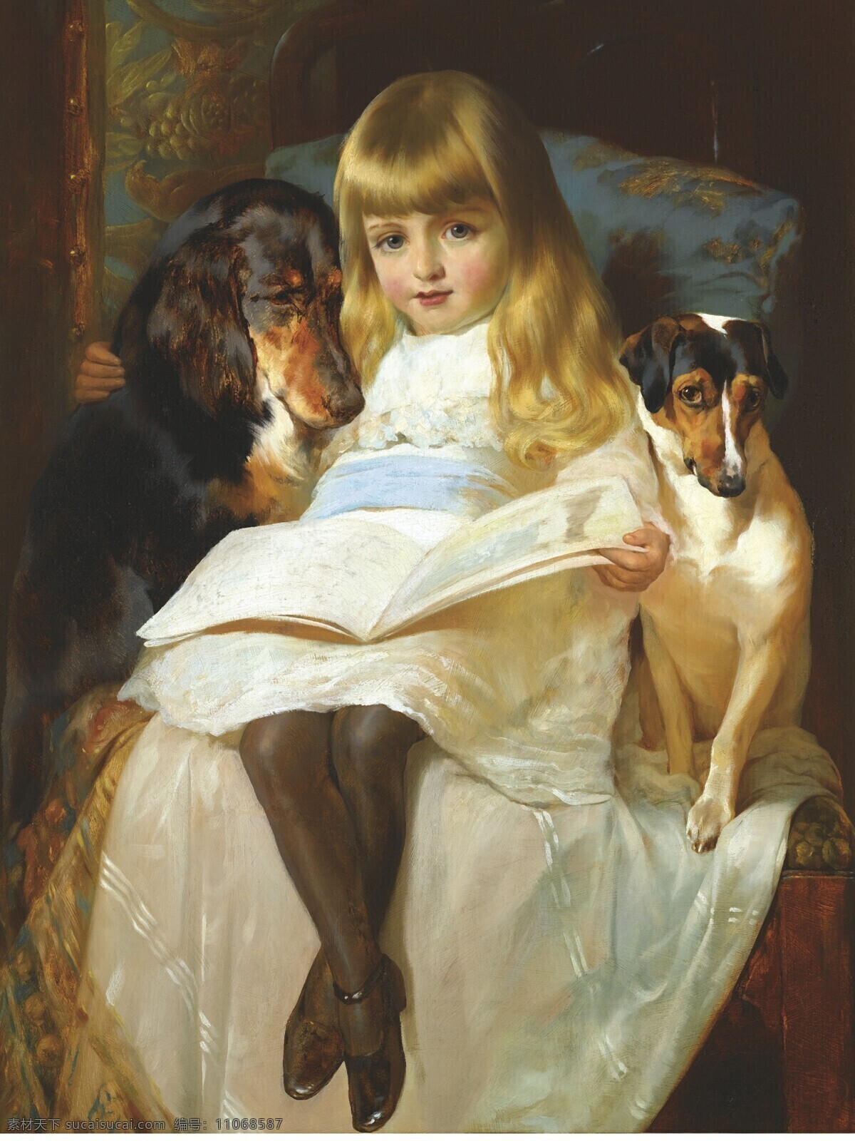 绘画 绘画书法 人物 文化艺术 油画 小女 孩儿 狗 设计素材 模板下载 小女孩儿与狗 贵族之家 小姑娘 19世纪油画 家居装饰素材