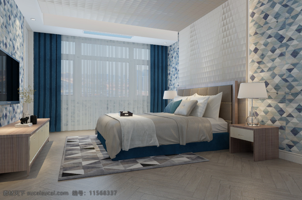 现代 风格 清新 卧室 效果图 时尚 背景墙 3d 前卫 蓝色调