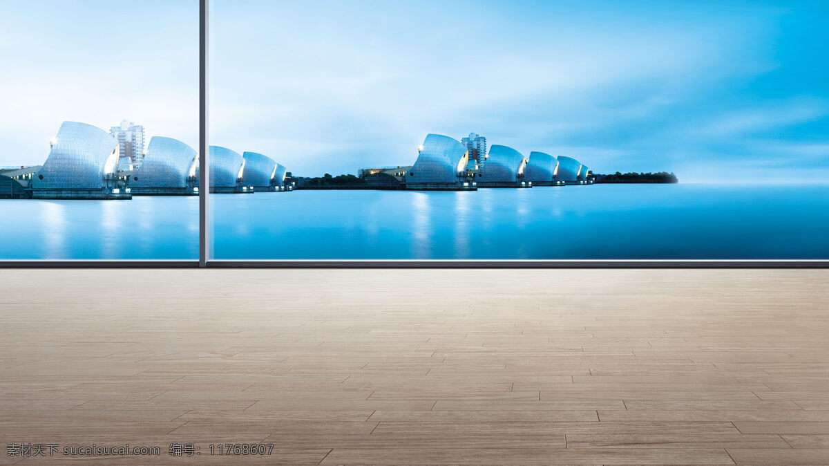 简约 大气 蓝色 建筑 背景 风景 时尚 大海 蓝色建筑 玻璃 海报 广告背景