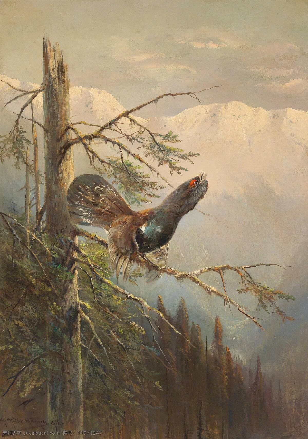 鸣叫 秋天 山谷 松树 栖息 一只松鸡 嚎叫 19世纪油画 油画 文化艺术 绘画书法