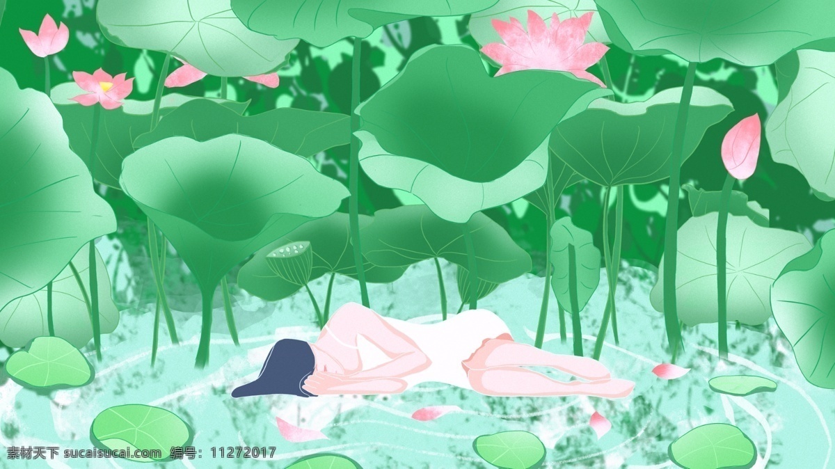 彩绘 夏日 荷塘 背景 荷花 花瓣 广告 卡通素材 夏日荷塘 莲花 荷叶 睡美人 背景展板 清新背景 手绘背景 彩绘素材 大暑背景