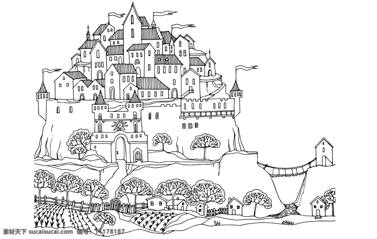 山上 城堡 填色 涂色 绘画 文化艺术 绘画书法