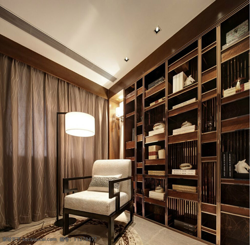 中式 时尚 木制 书架 书房 室内装修 效果图 白色沙发 瓷砖地板 木制架子 白色落地灯