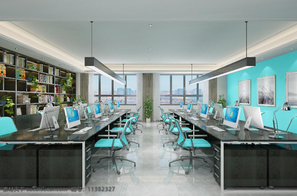 现代 办公室 效果图 时尚 简约 3d 办公位 置物架