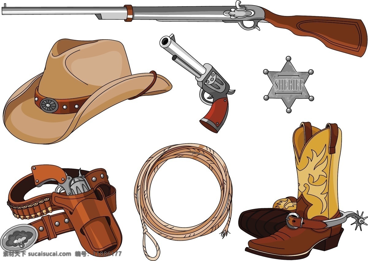 西部牛仔用品 左轮手枪 套马索 猎枪 马鞭 靴子 帽子 牛仔 手绘 矢量 生活百科 生活用品