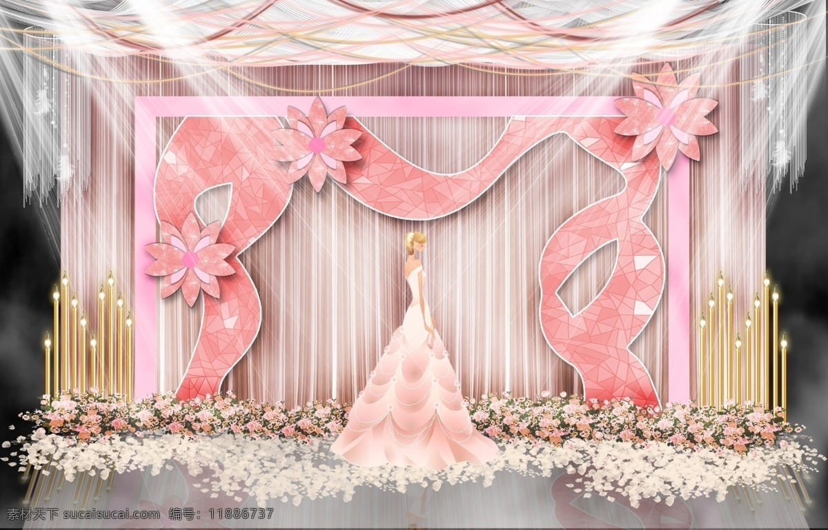 迎宾 婚礼 婚庆 舞台 效果图 浪漫 唯美 樱花 梦幻 公主 f粉色 龙珠灯