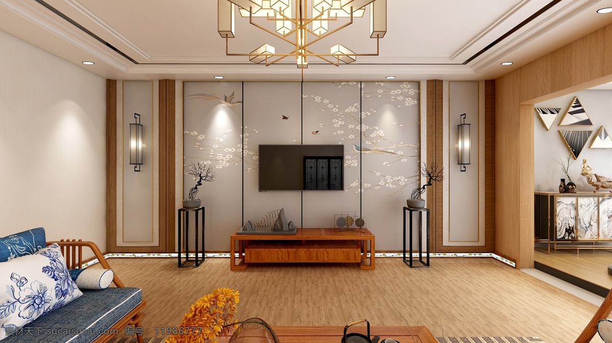 新 中式 客厅 电视墙 新中式设计 新中式客厅 新中式餐厅 地脚线 3d设计