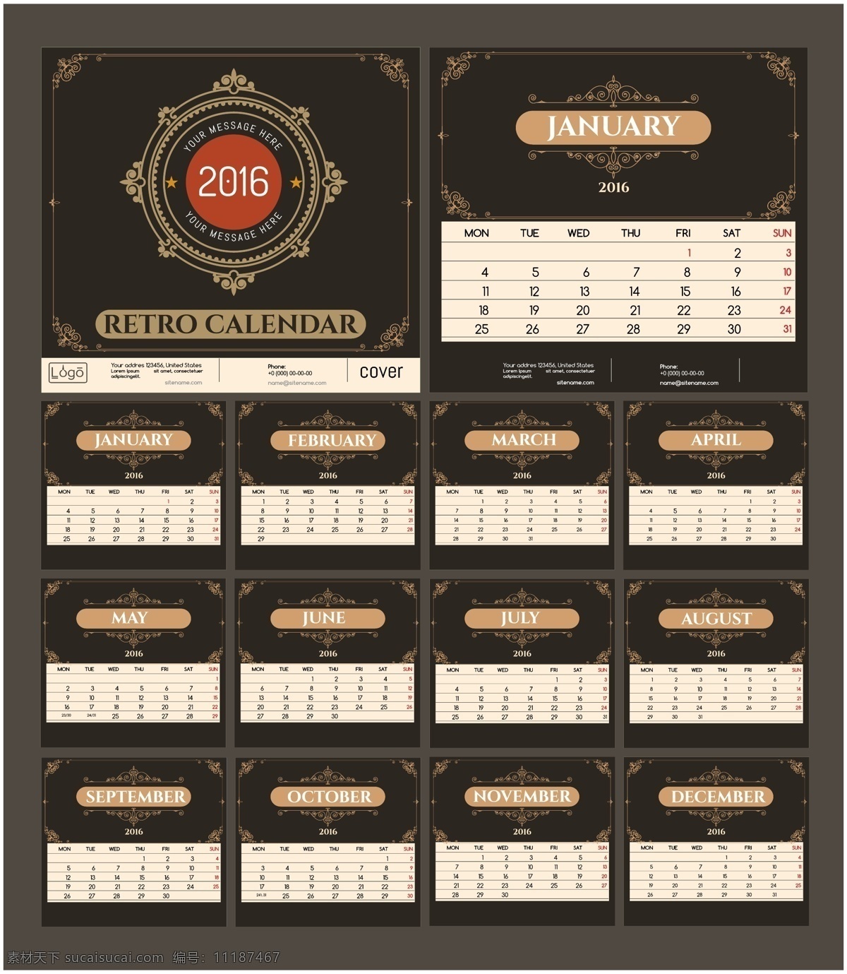 企业日历设计 calendar 2016 日历 创意日历 彩色日历 企业vi 日历台历 矢量素材 黑色