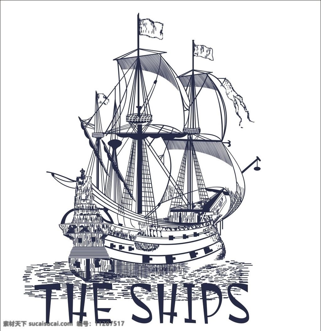 原创手绘轮船 t恤印花 卡通轮船 写实轮船 素描效果印花 生活百科 生活用品