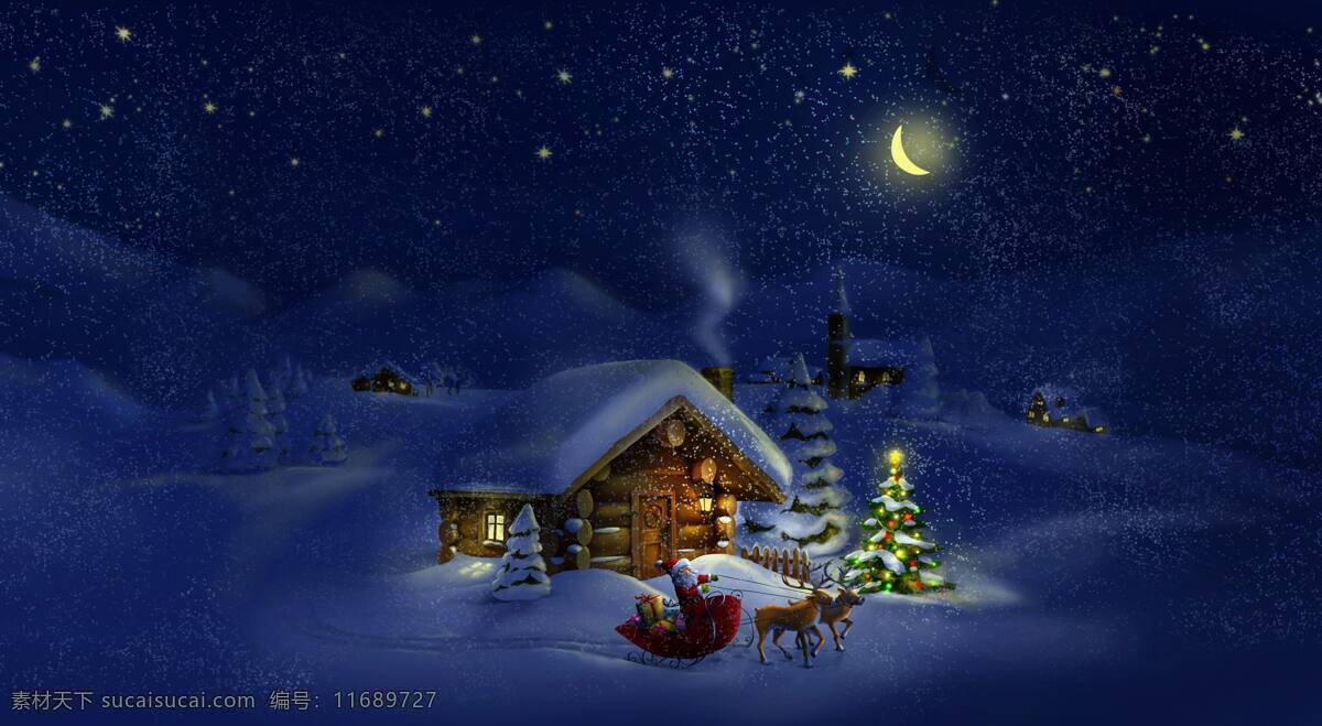 圣诞元素图片 村 房子 雪 月 天空 星星 圣诞老人 雪橇 鹿 动漫动画 动漫人物