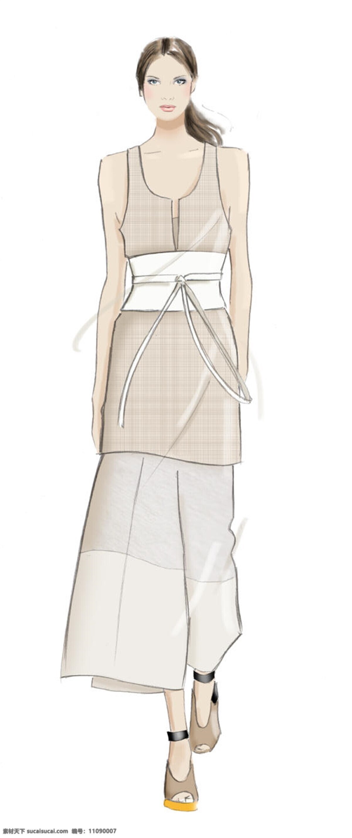 白色腰带 服装设计 宽松裤子 女装 无袖上衣 简约 时尚 无袖 短袖 效果图