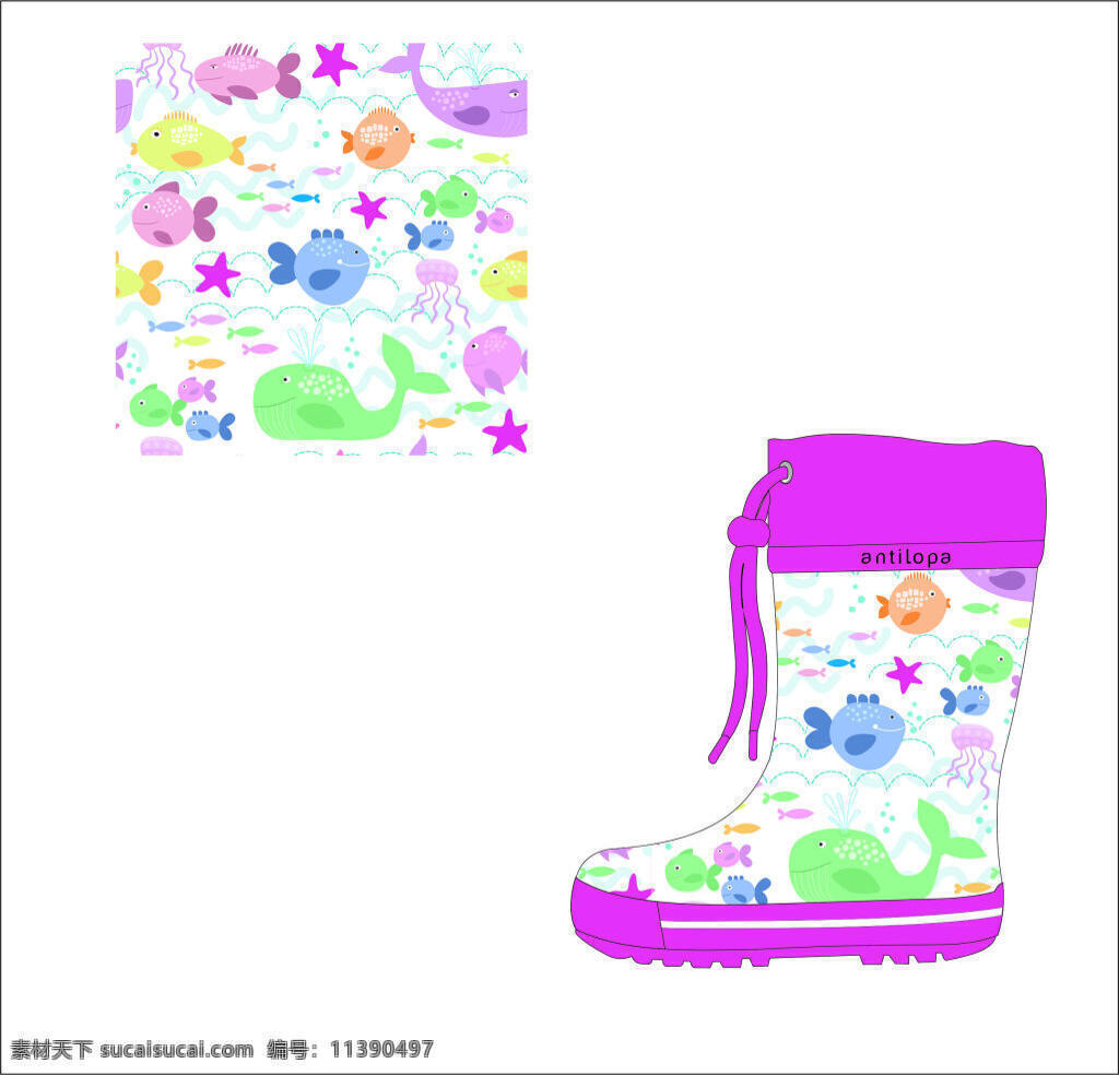 女童 卡通 鱼 图案 胶鞋 卡通鱼图案 雨靴 白色
