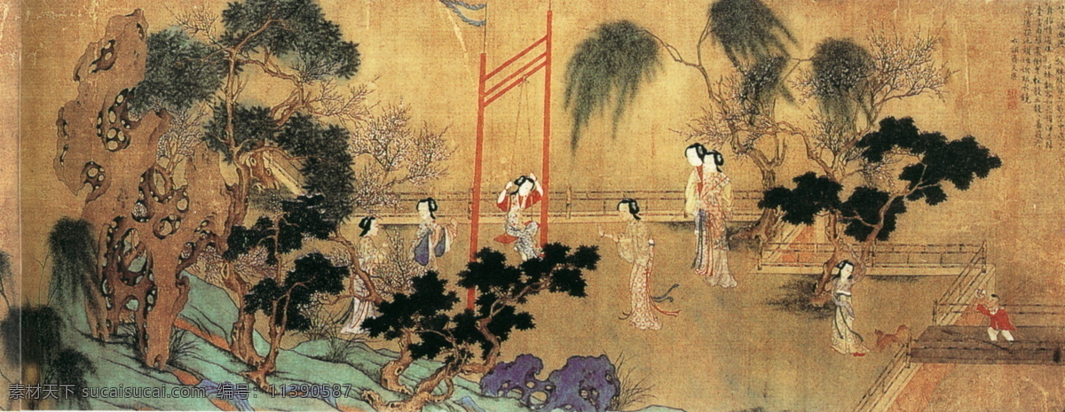 四季仕女图b 山水画 中国 古画 中国古画 设计素材 山水名画 古典藏画 书画美术 棕色