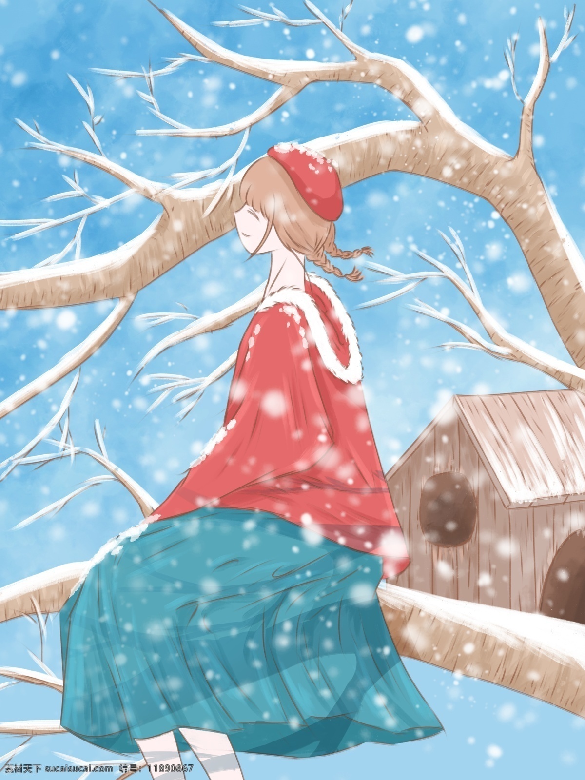月 你好 清新 水彩 插画 坐在 树上 看 雪 女孩 冬天 雪景 树枝 壁纸 1月你好 1月 冬雪 树 鸟窝 木屋 背景