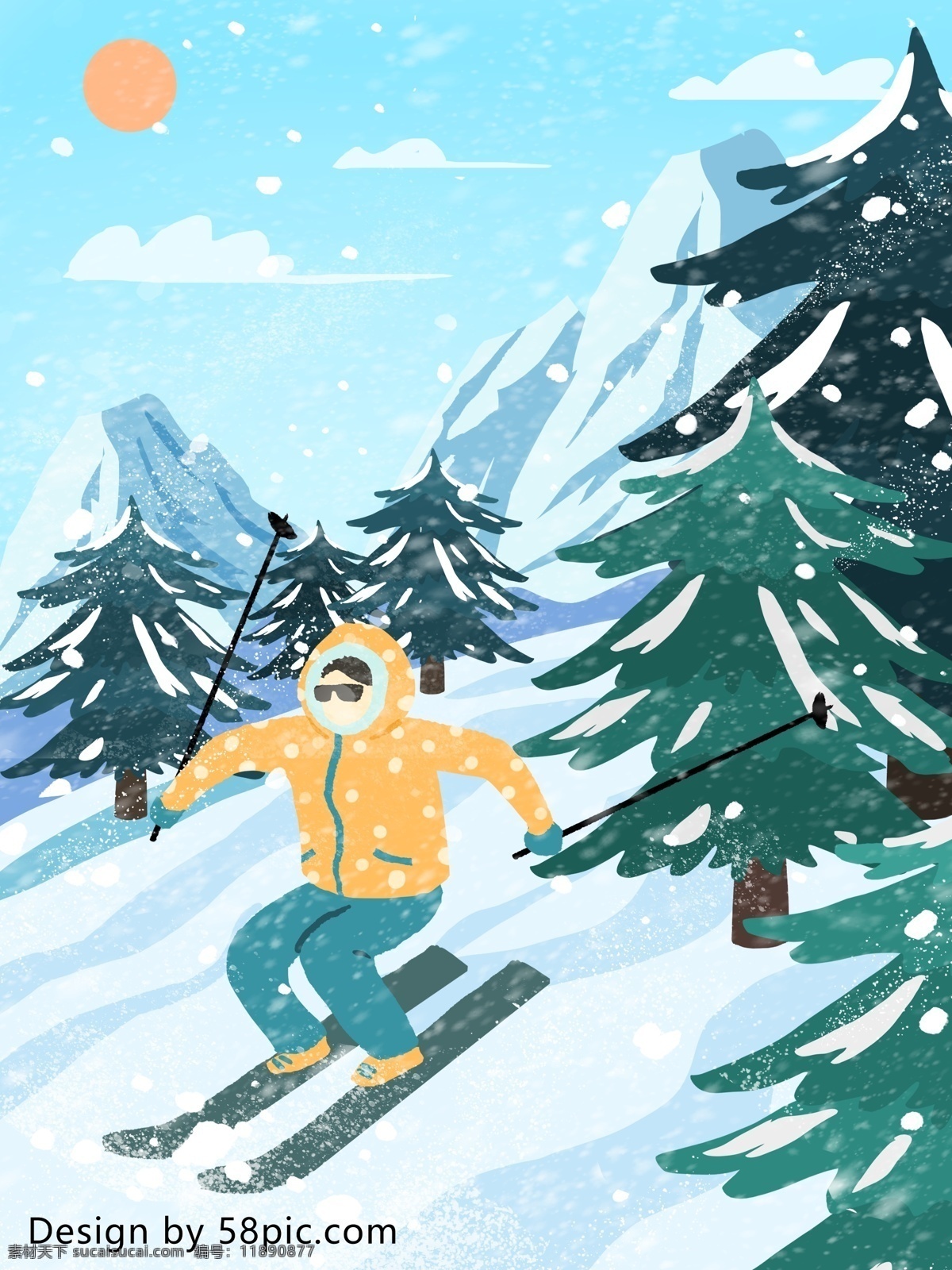 滑雪 场景 肌理 写实 惬意 原创 手绘 插画 大雪 户外滑雪 畅快 滑雪场 滑雪场景 独自滑雪 滑雪女孩