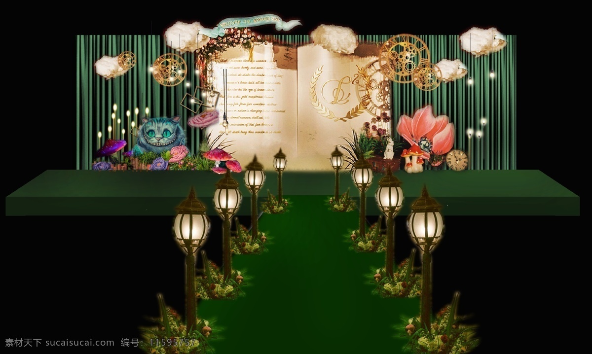 森 系 爱丽丝 童话 风格 婚礼 效果图 书本婚礼 路灯 绿色 舞台 婚礼设计 婚礼定制