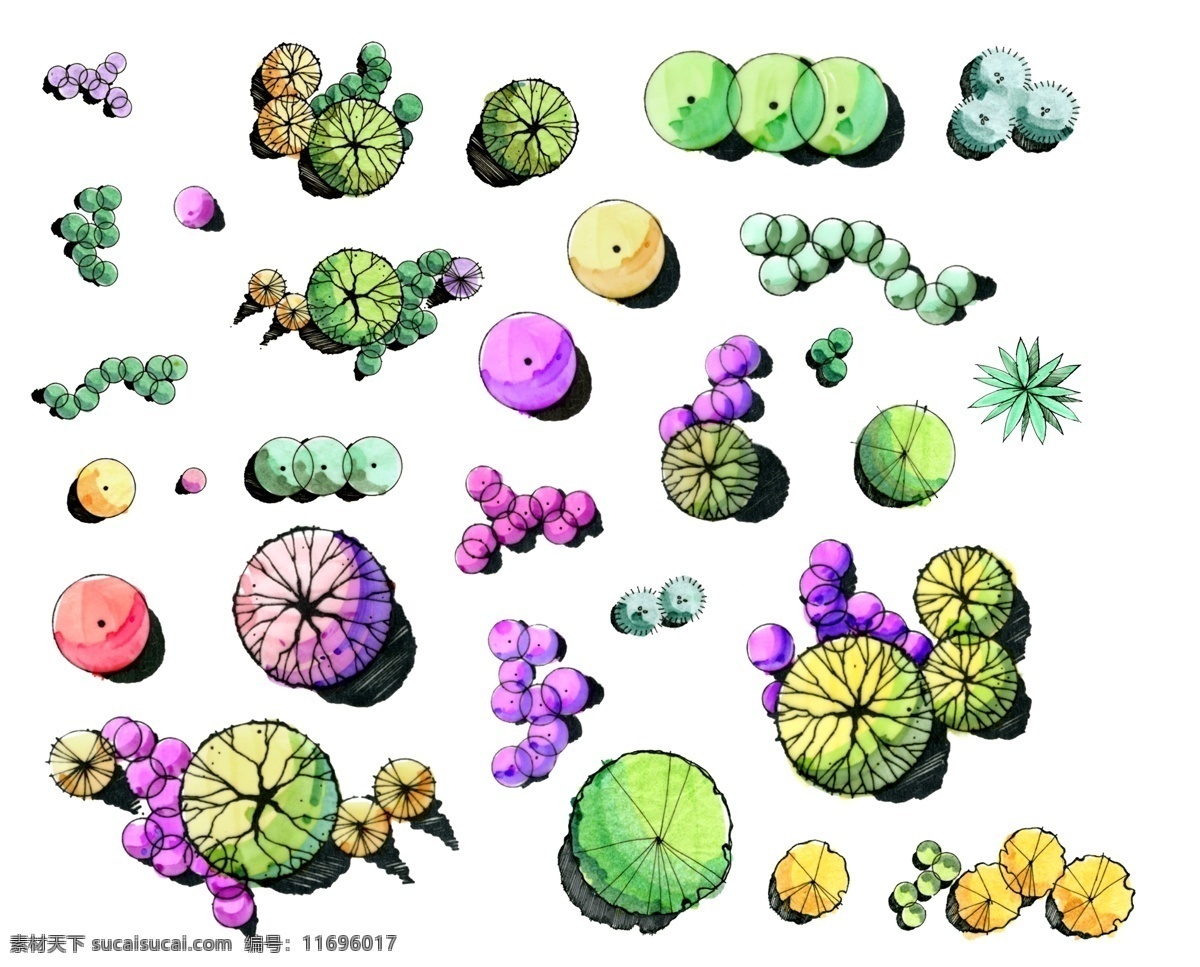 手绘 ps 植物 平面图 手绘平面 效果图 马克笔 树木鸟瞰 分层 源文件