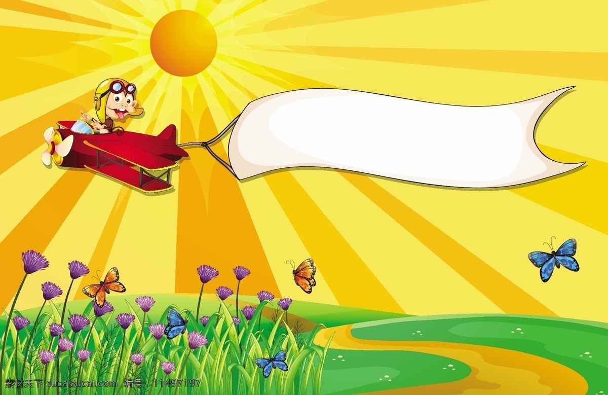 一个 标牌 架 带 猴子 飞机 横幅 海报 菜单 花卉 模板 自然 卡通 动物 太阳 风景 空间 艺术 花园 平面 图形 黄色 植物 宠物