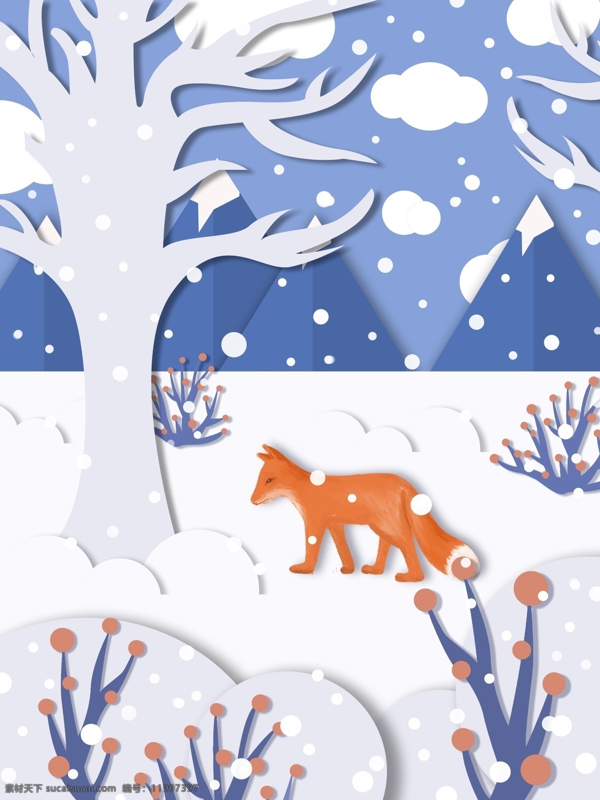 剪纸 风 节日 大雪 节气 插画 狐狸 壁纸 冬天 雪地 剪纸风 节日大雪 节日节气 节日节气插画 雪天 配图
