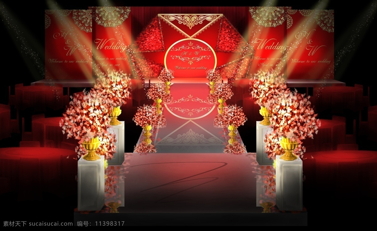 红 金 蕾丝 简约 风 婚礼 手绘 效果图 红金 6边型 金色罗马盆 罗马柱