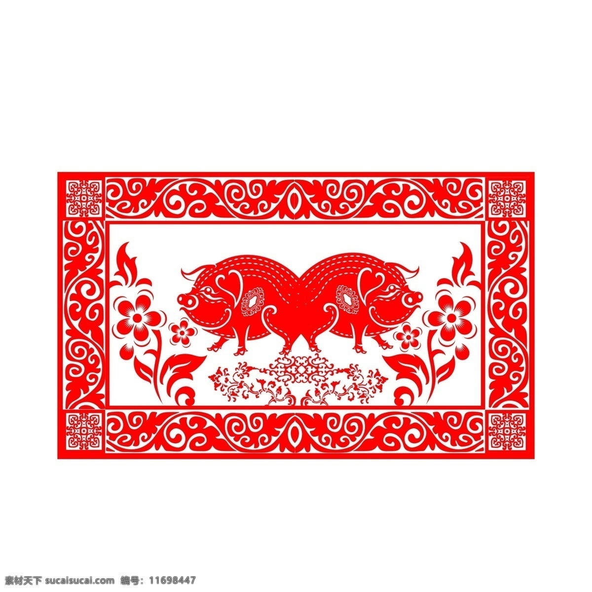 中国 风 红色 喜庆 猪 元素 剪纸 边框 纹理 祥云 古风 云纹 传统文化 树木 装饰