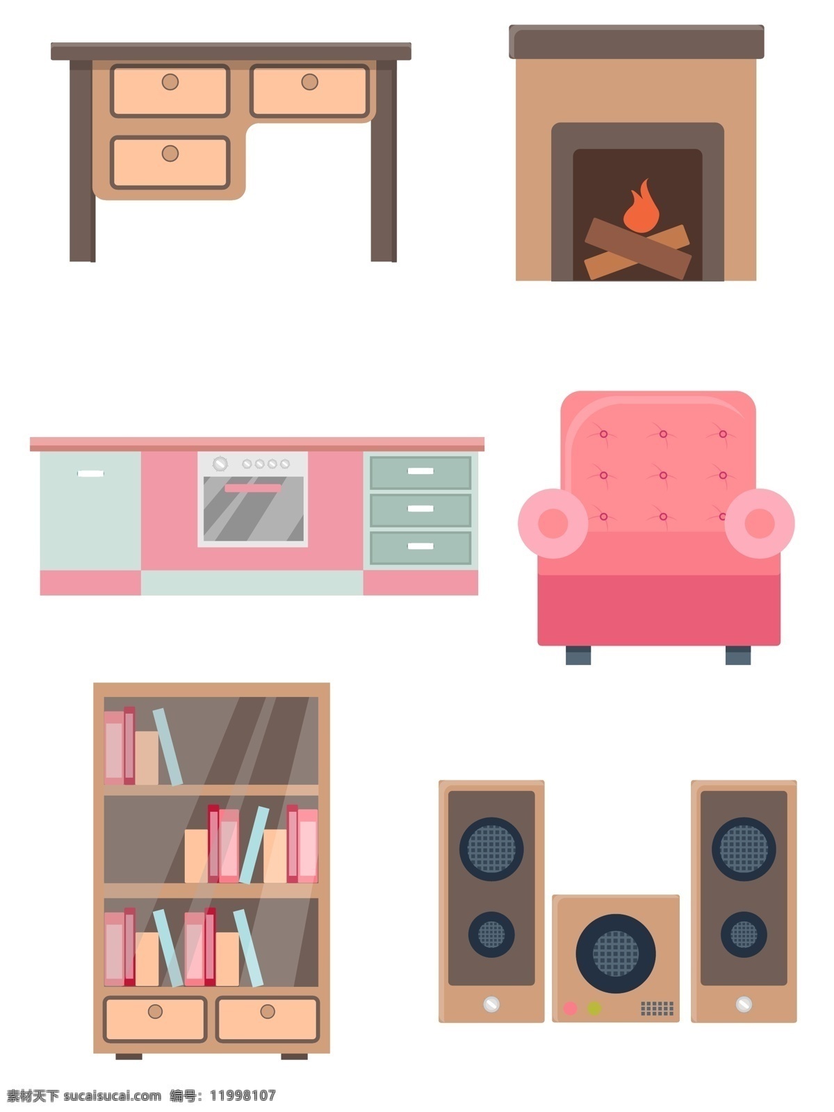 可爱 卡通 简约 矢量 家具设计 元素 家具 装饰 沙发 设计元素 可商用 书桌 书柜 音响 壁炉 橱柜