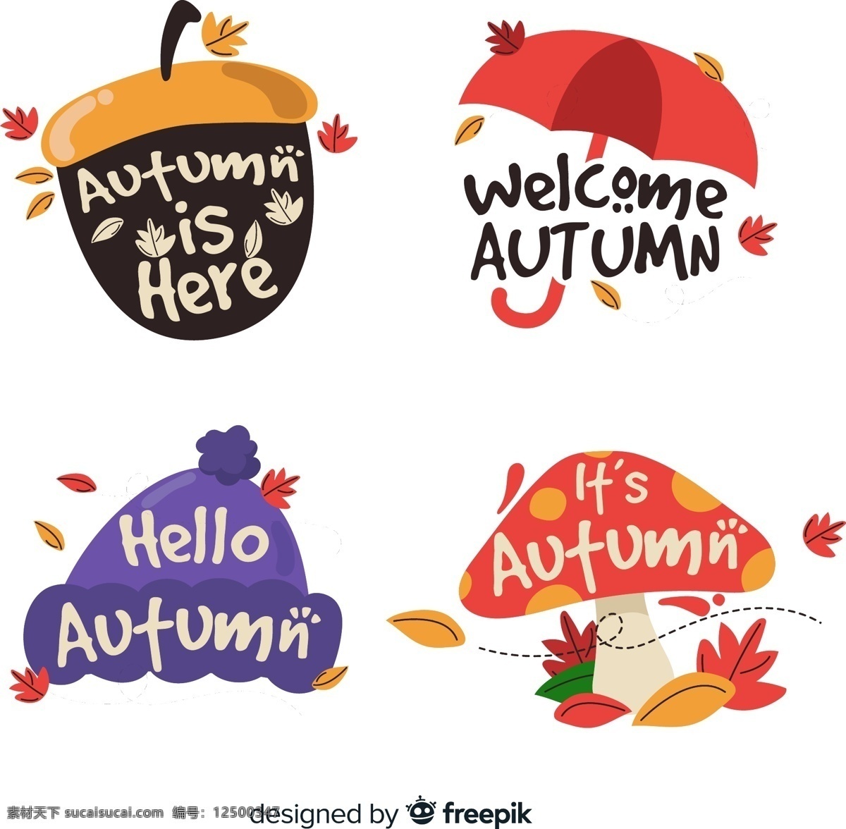 彩色 秋季 艺术 字 标签 艺术字 树叶 橡子 雨伞 毛线帽 标志 logo设计