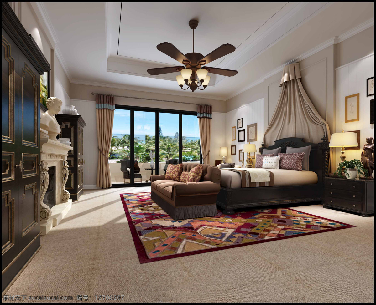 欧式 奢华 卧室 复古 衣柜 室内装修 效果图 浅色地板 卧室装修 红色花纹地毯 金属吊扇