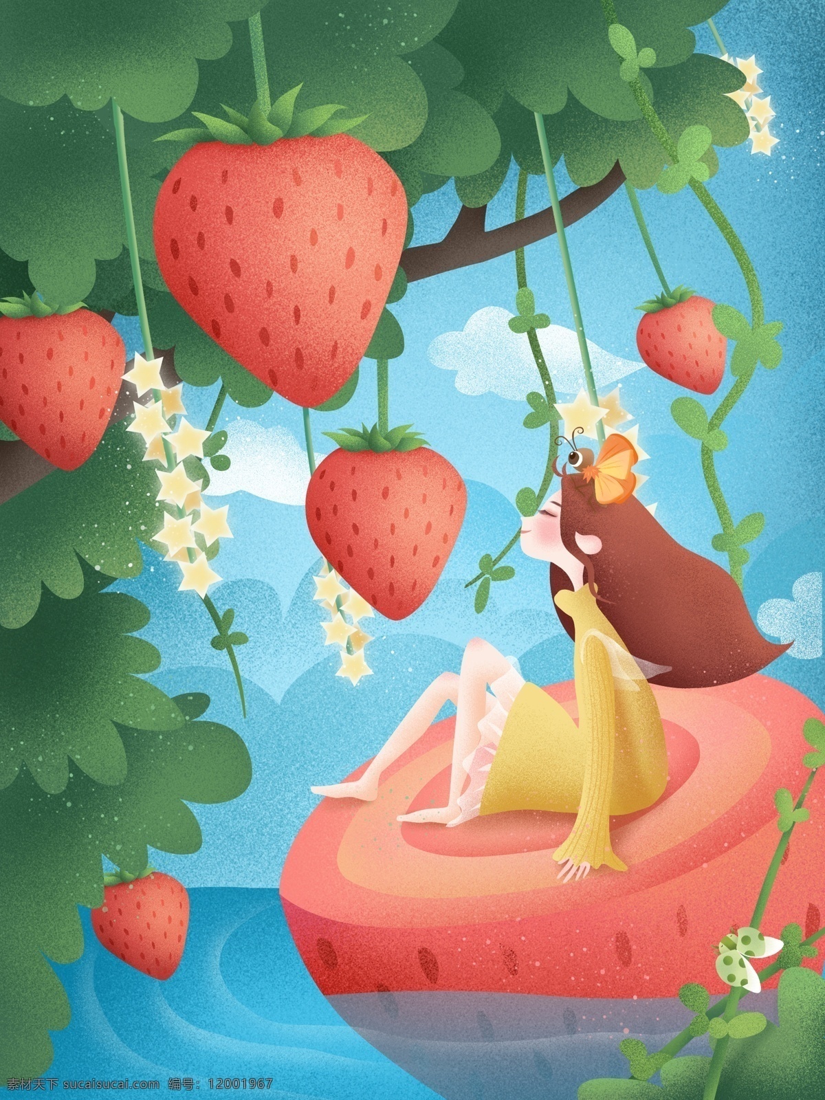 原创 手绘 插画 创意 水果 草莓 清新 女孩 植物 手绘插画 树