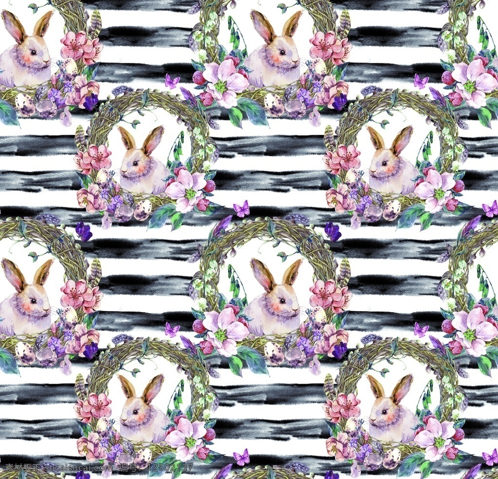 兔子图片 数码印花 花 水彩花 动物 大牌 分层