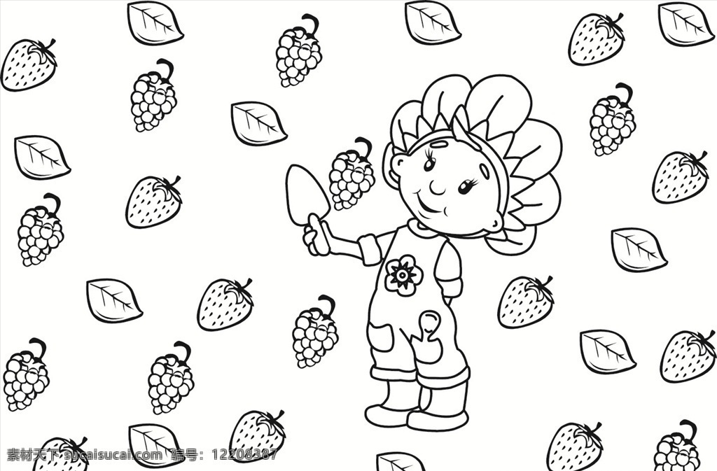 硅藻泥刻花 花纹 线条 矢量 小女孩 葡萄 叶子 草莓 水果