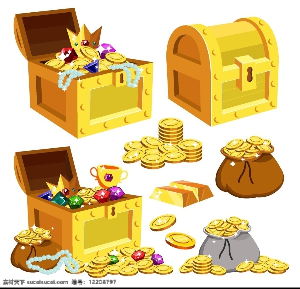 5款卡通藏 宝箱和 金币袋子 矢量素材 王冠 项链 珍珠 金条 卡通 藏宝箱 金币 钱袋 矢量图 ai格式