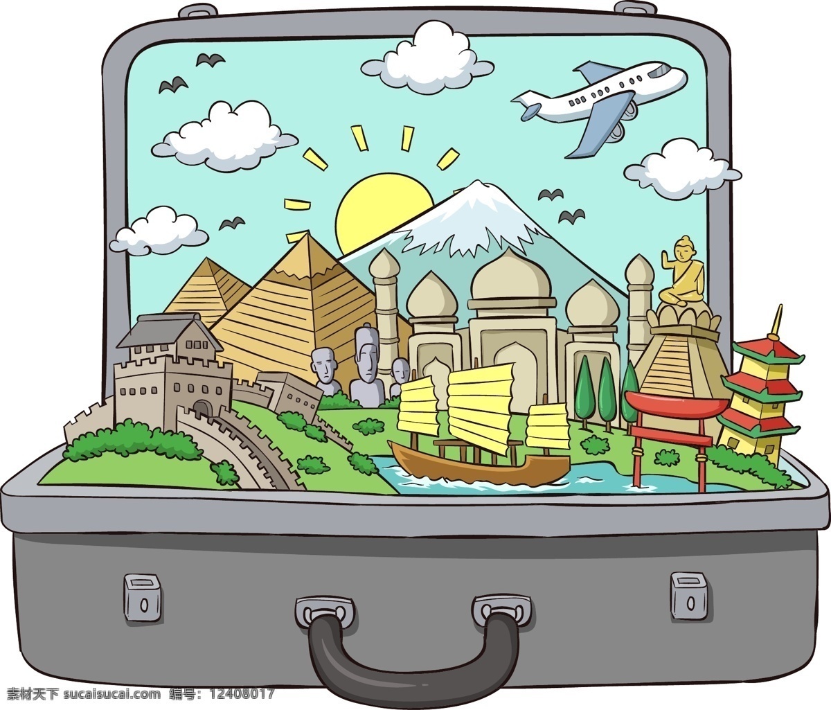 行李箱 里 旅游风景 创意 旅游 世界 著名景点 卡通 简约