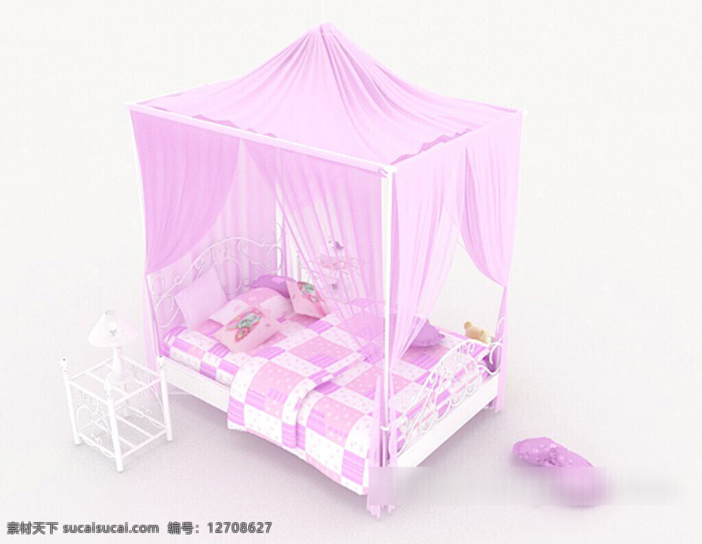 粉色 单人床 3d 模型 3d模型下载 3dmax 现代风格模型 粉色模型 白色