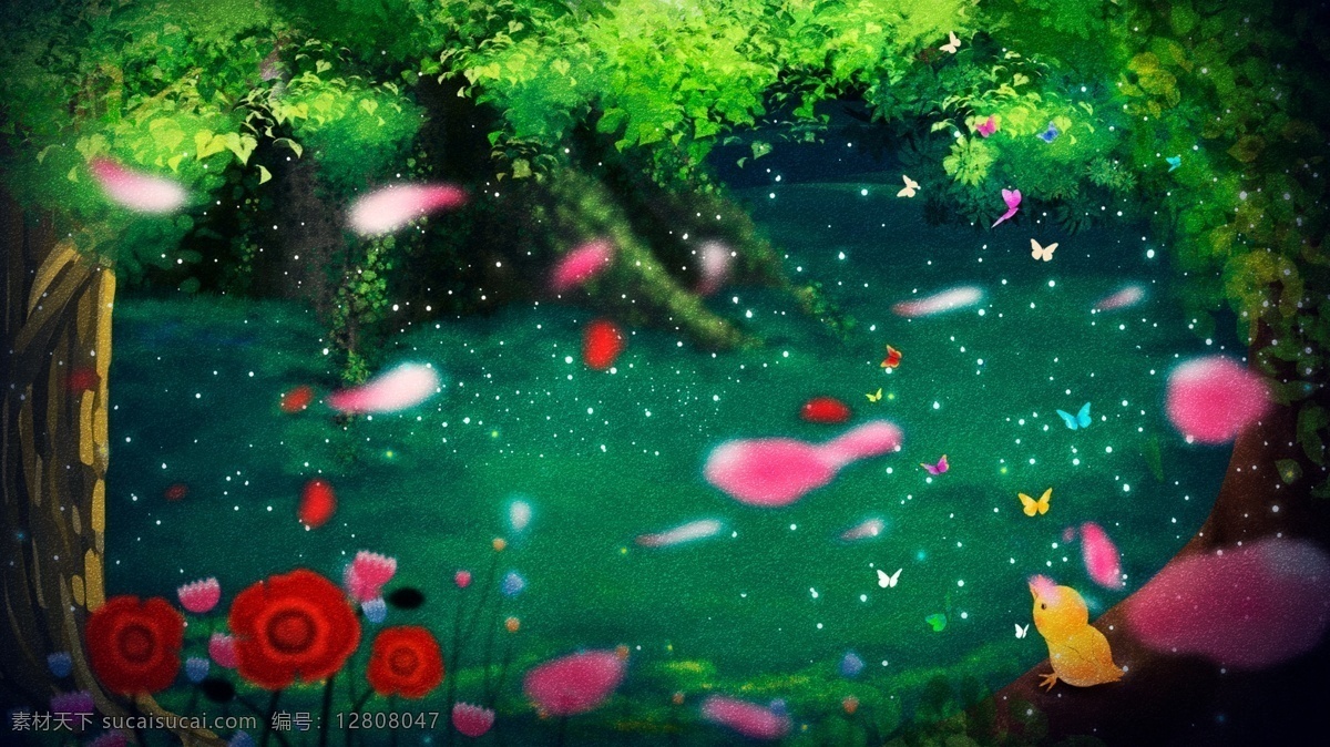 童话 风 绿色 森林 背景 梦幻 背景素材 卡通背景 手绘背景 童话风 奇幻 绿色森林 插画背景 广告背景 psd背景