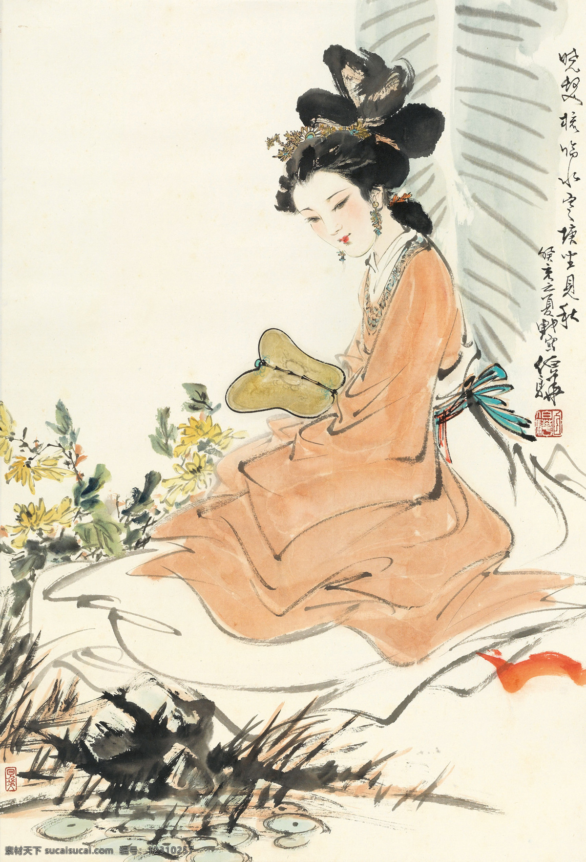 仕女图 白伯驹作品 古装美女 坐像 手持巴蕉扇子 菊花 中国古代画 中国古画 文化艺术 绘画书法