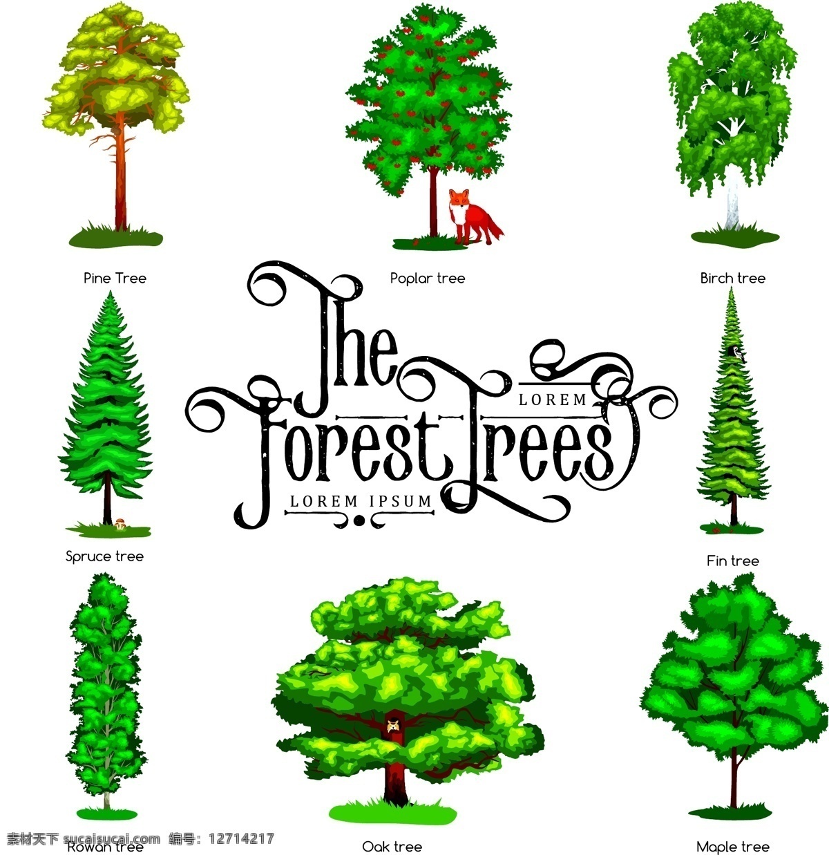 各种 绿色 大树 元素 插画 植物 清新 树木 松树 柏树