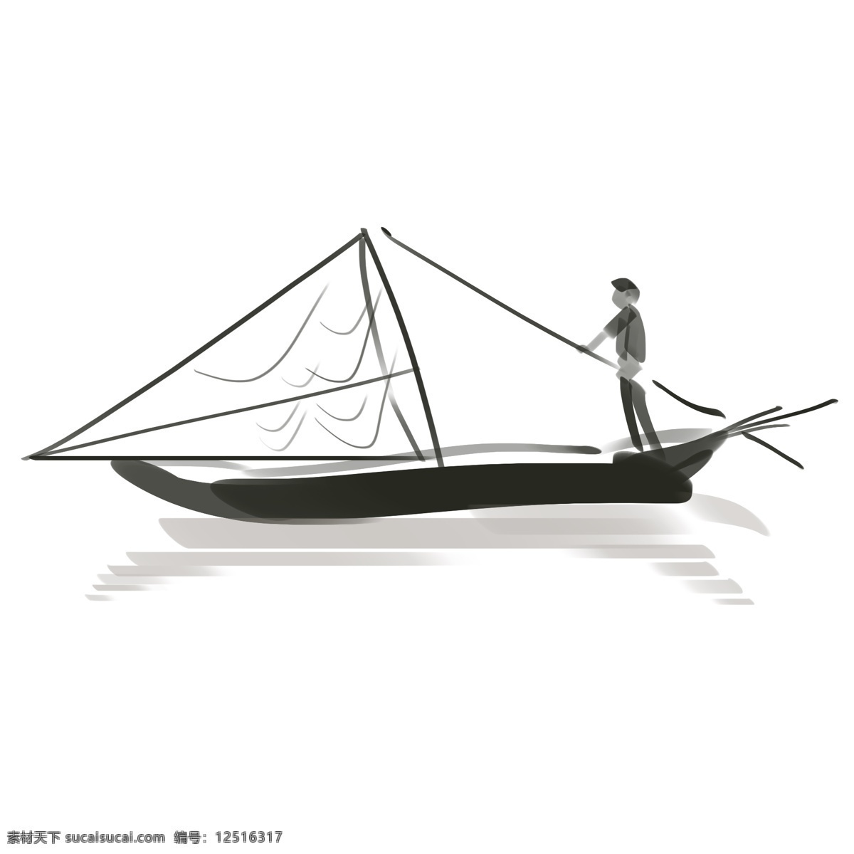 手绘 渔船 人物 插画 水墨 古风 水面 渔民 渔船插画 水墨渔船插画 小船插画