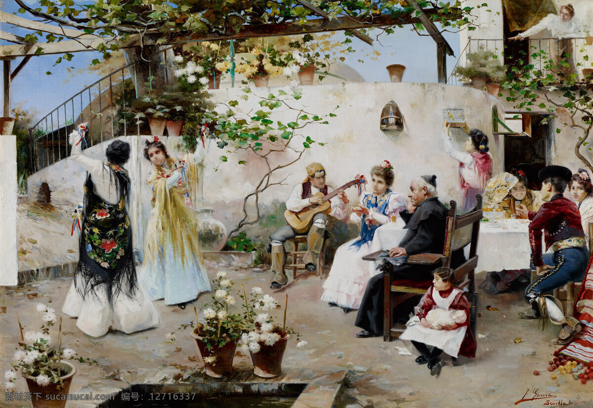 约翰 加西亚 拉莫斯 西班牙画家 一牧师家 两位姑娘 正在跳舞 奏乐者 19世纪油画 油画 文化艺术 绘画书法