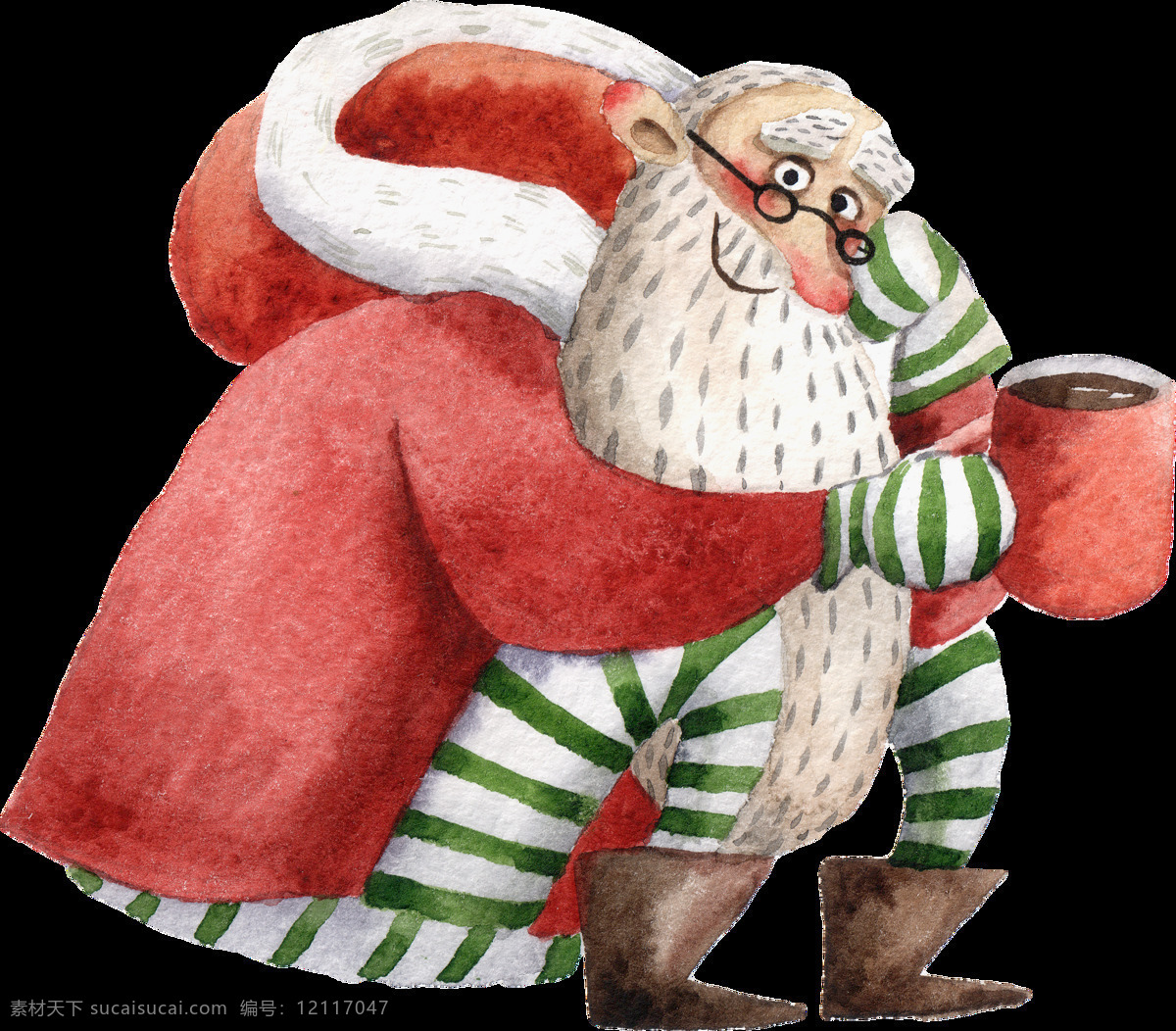 手绘 慈祥 圣诞老人 透明 白色 杯子 大胡子 红色 绿色 免扣素材 水彩 透明素材 眼睛 装饰图案