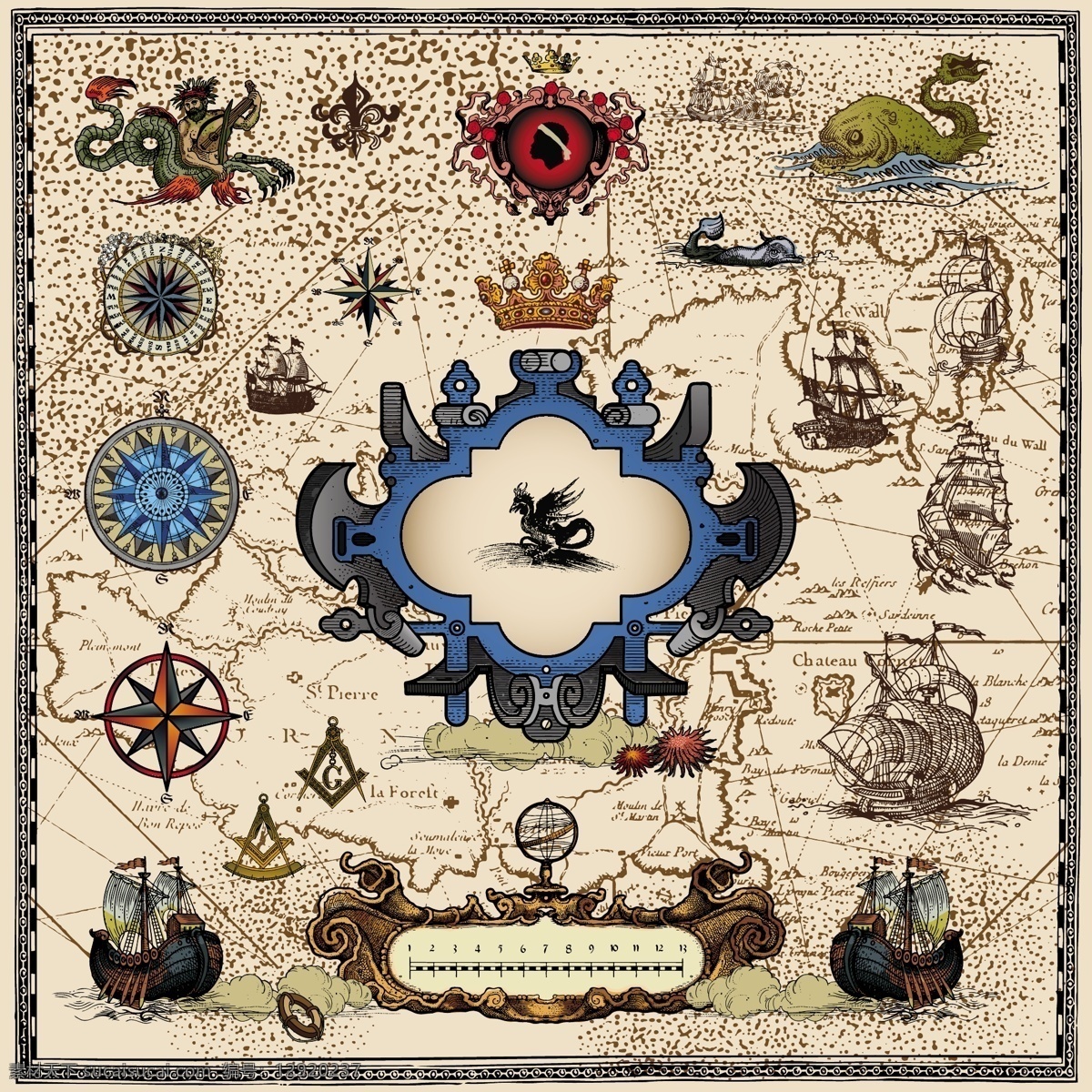航海出行矢量 航海 航行 帆船 怪兽 藏宝图 指南针 船舵 复古 怀旧 古典 手绘 素描 时尚 矢量