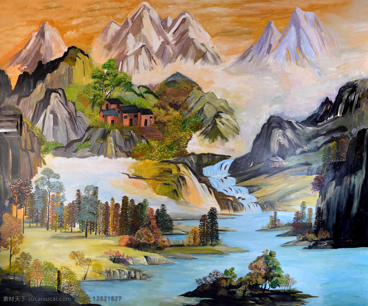 山溪秋阳 美术 油画 山水画 风景画 山溪 山岭 房屋 树木 秋水 彩霞 绘画书法 文化艺术