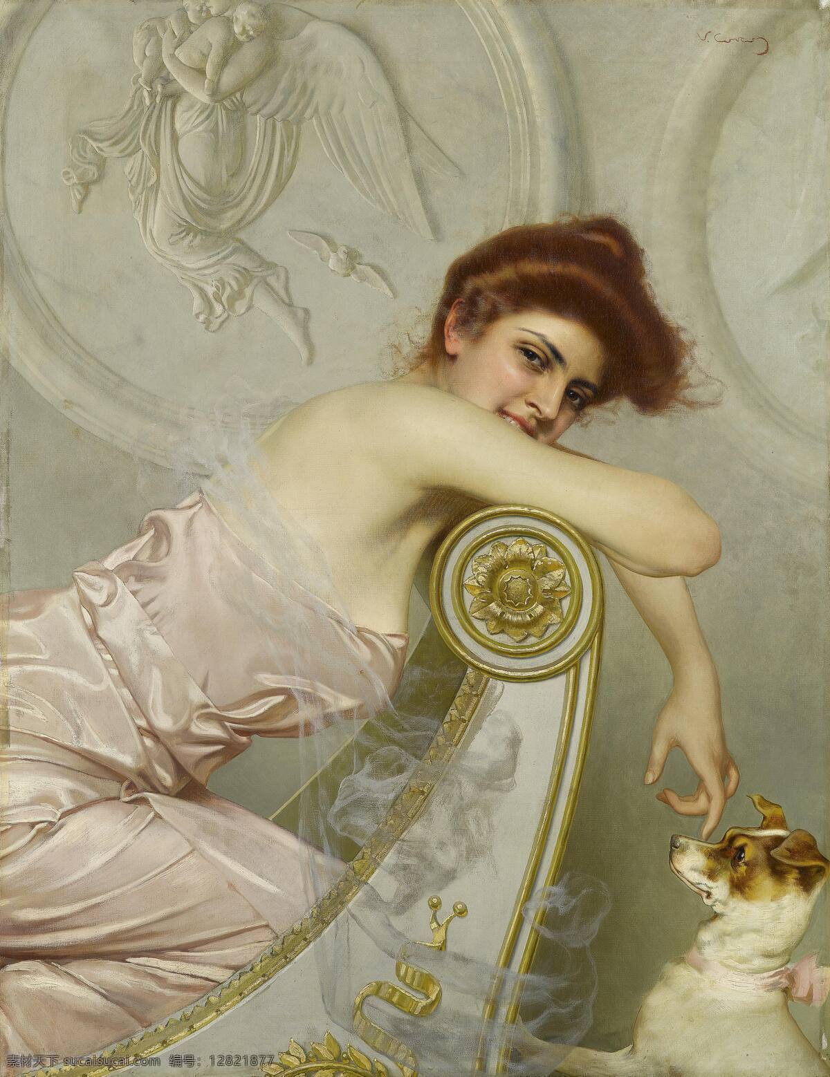 贵妇与狗 贵族妇人 宠物 逗弄小狗 贵族之家 19世纪油画 油画 绘画书法 文化艺术
