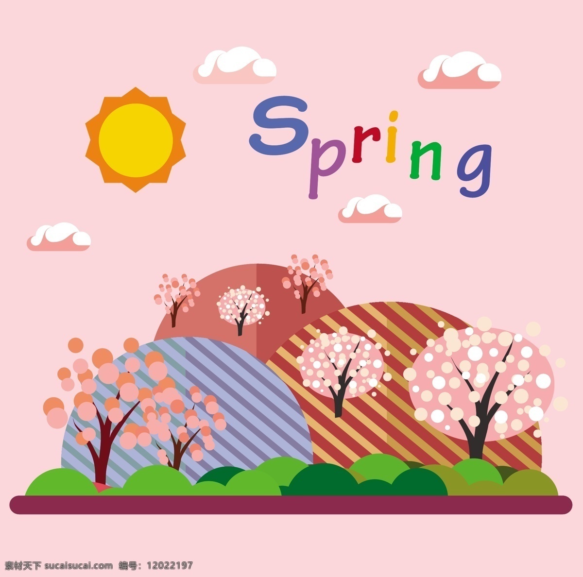 春季 粉色 扁平 插画 扁平插画 春季插画 春天 太阳 山 矢量素材 树木 樱花
