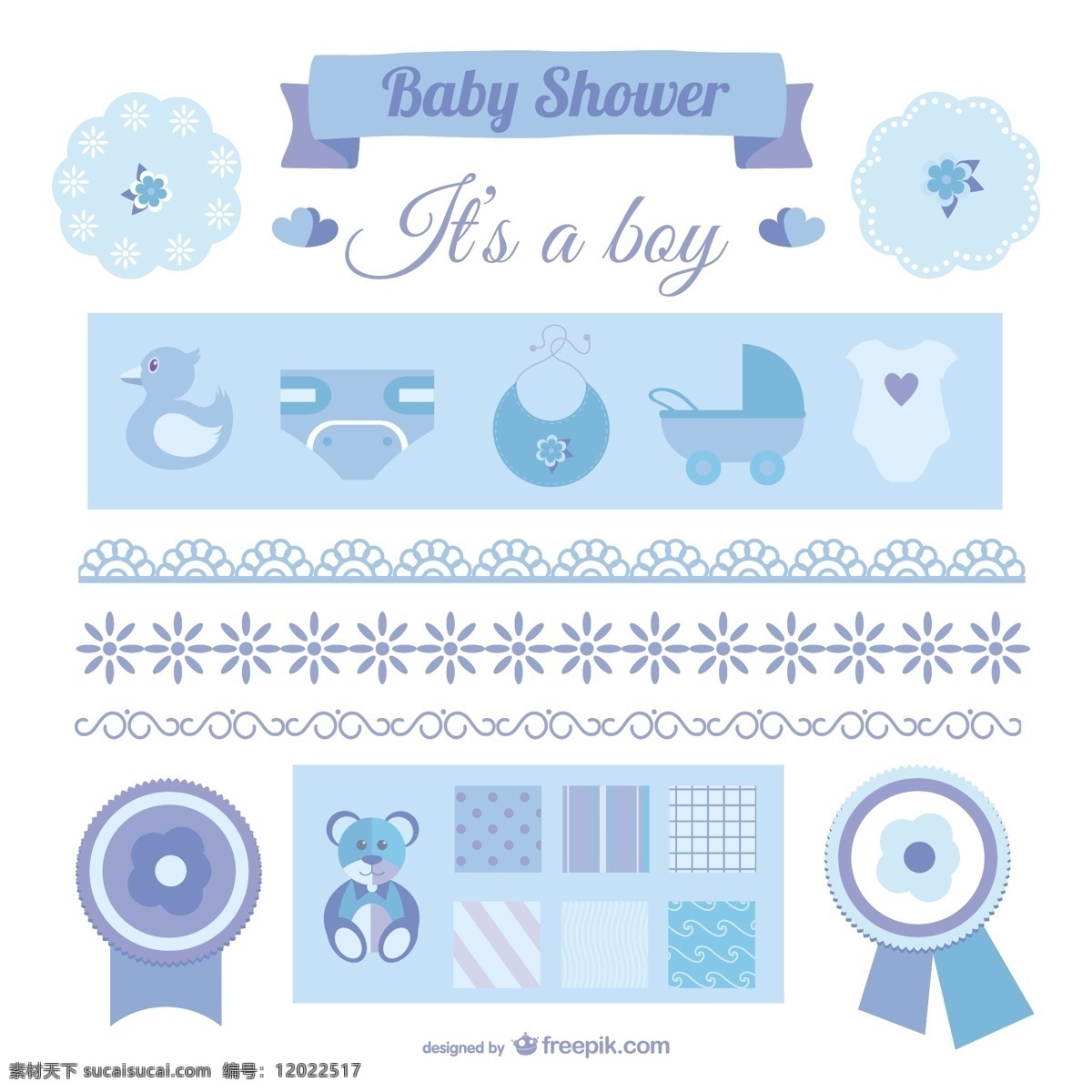 这是 一个 男孩 公告 元素 婴儿 花卉 图标 儿童 徽章 婴儿淋浴 花边 蓝色 平面 可爱 图形 衣服 图形设计 甜 白色