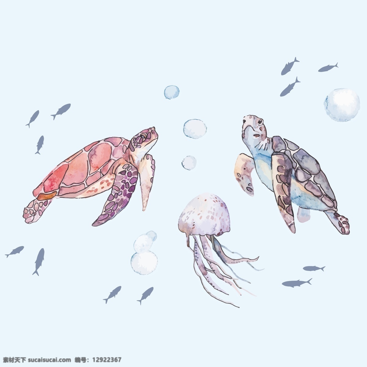 水彩海龟 水彩 矢量 水墨 海龟 海洋 小鱼 泡泡 个性 艺术 抽象 海底世界 文化艺术