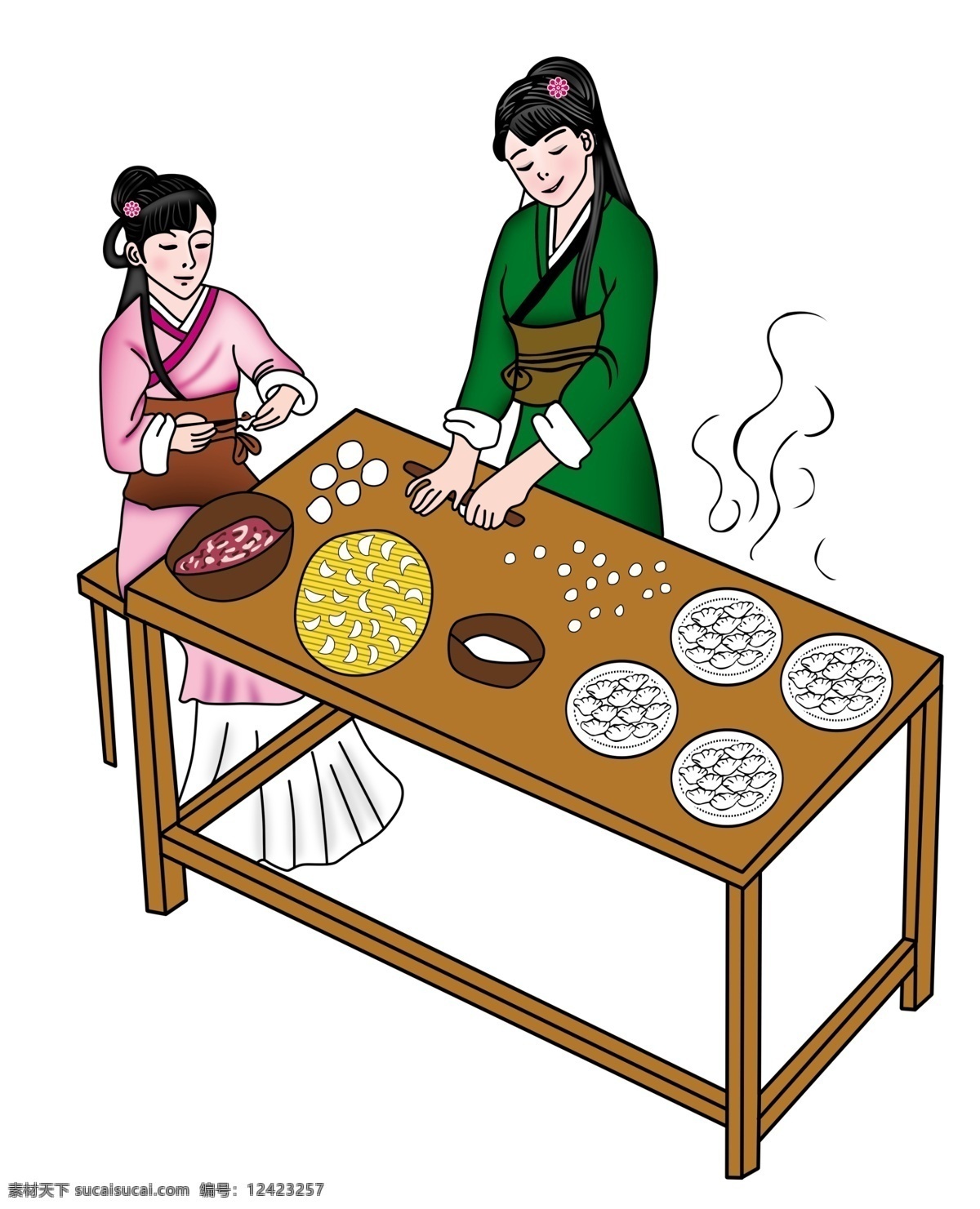 包饺子人 古代小娘子 姑娘 饺子 蒸饺 桌子 餐桌 食品包装设计 包装设计