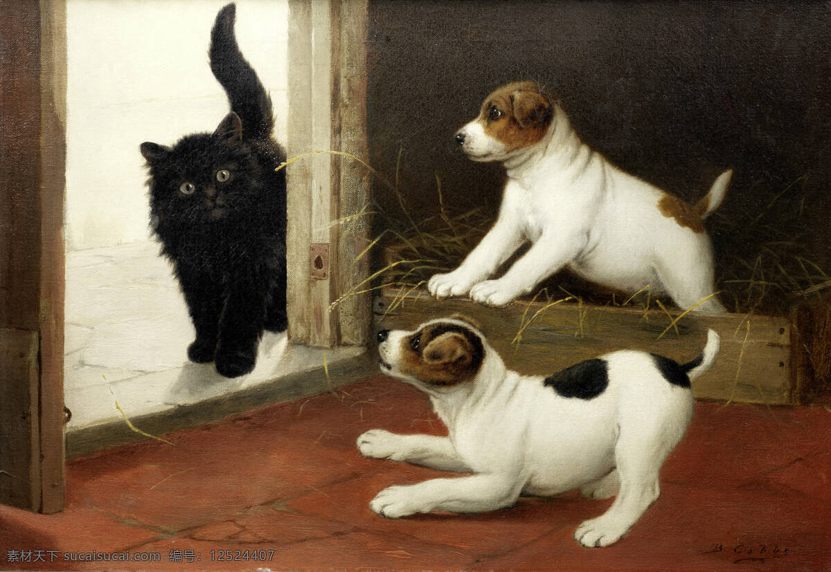 不速之客 狗宝宝 大黑猫 突然闯入 受惊 19世纪油画 油画 文化艺术 绘画书法